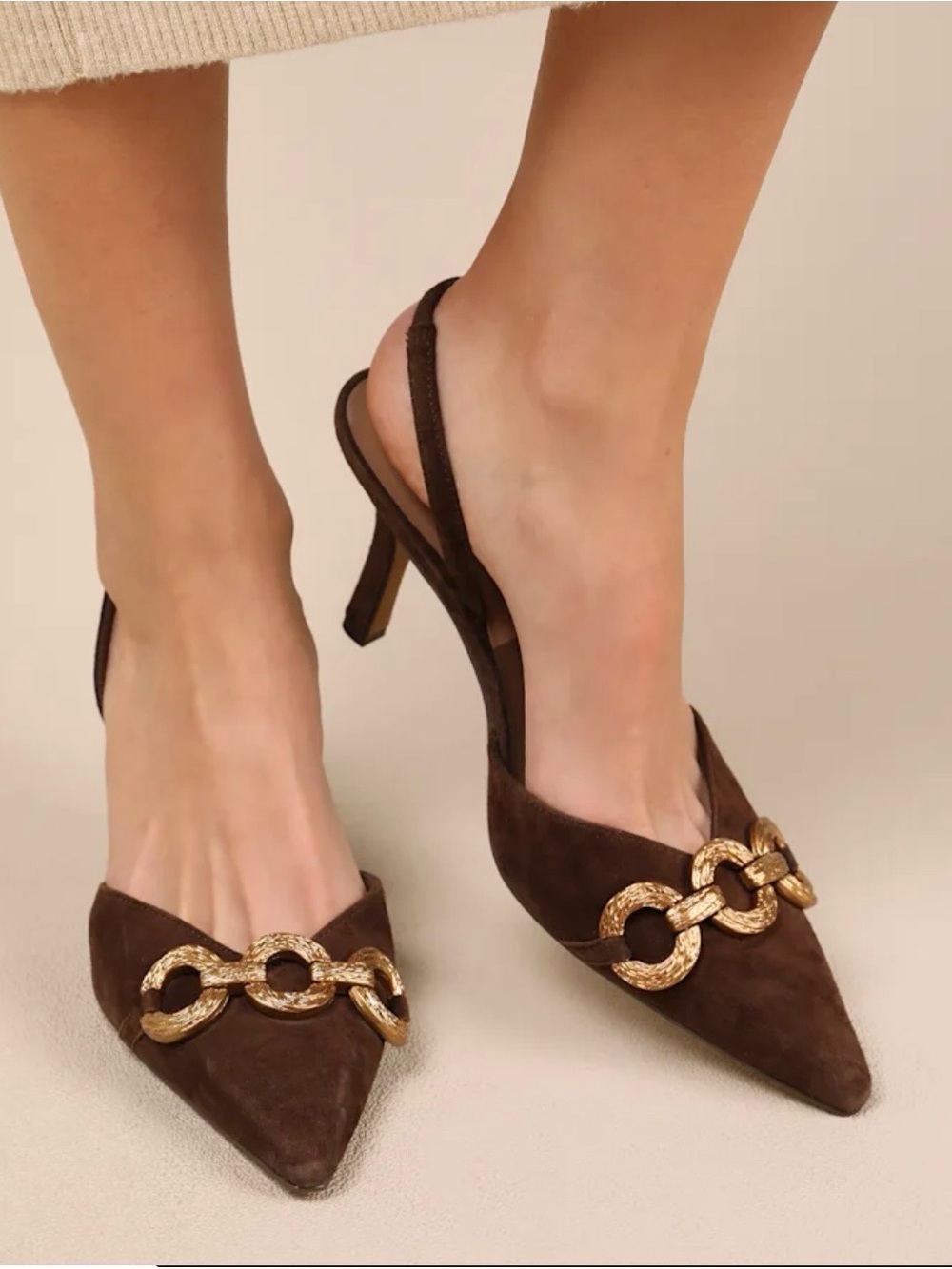 Dolce Vita Haylee Brown Suede Pointed Toe Slingback Heels Gold Chain Size 11